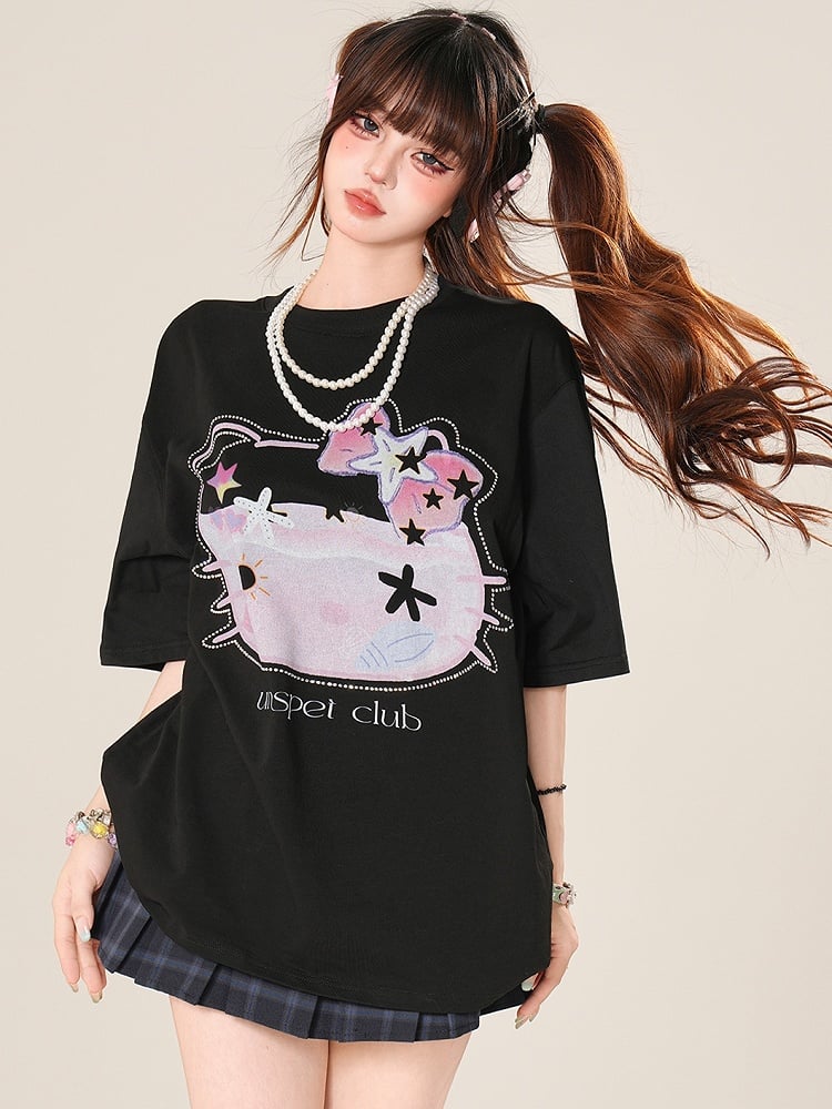 T-shirt Gray/Black Rhinestone Necklace Kitty Beaded Decorated With Daily Print Kawaii