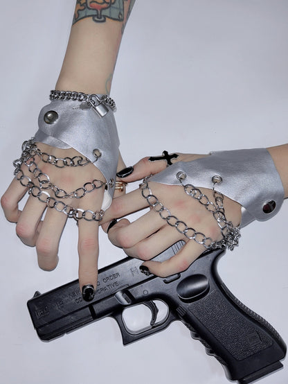 Y2K verziert schwarz/weiß/rot/silber und Schloss Punk Kette PU