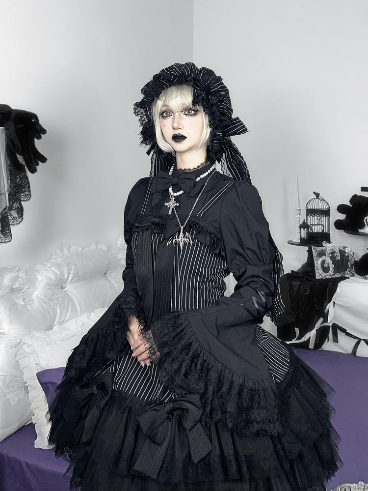 Jupe pull gothique Lolita à double épaisseur avec nœuds rayés noirs