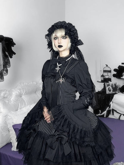 Jupe pull gothique Lolita à double épaisseur avec nœuds rayés noirs
