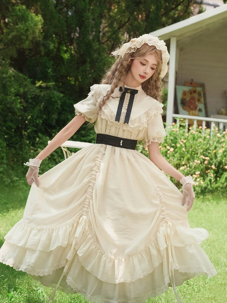 Bows Beige Fashion Drawstring Lolita Dress Black with Design Versatile and Waist Belt