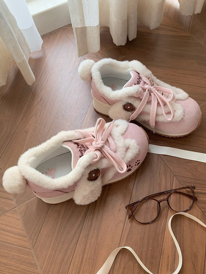 Sweet with Accents Ears Tail Paw Embroidery Sneakers Print - Plush Pink Dog Lolita