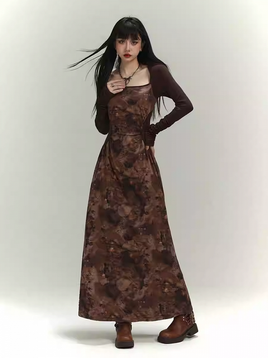 Millard Fashion Brown Square Neck Gathering Details Slim-fitting Dress