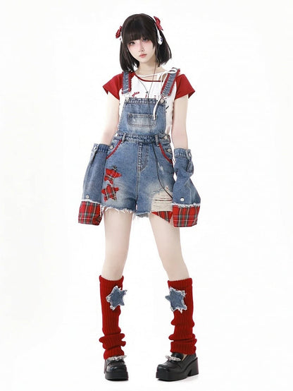 Distressed Denim Shorts Raw with Overall Appliques Blue Star Hem Holes Armwears Plaid Free