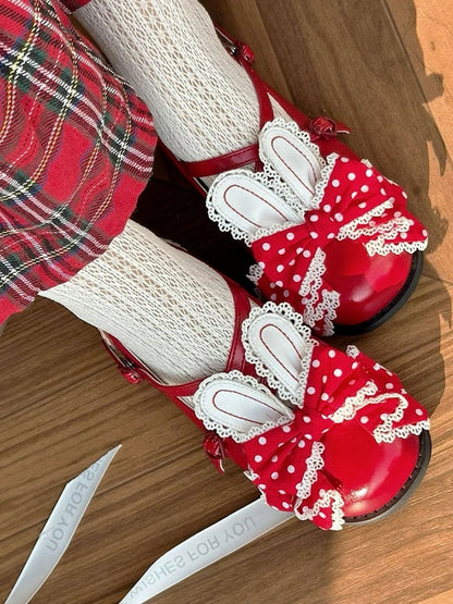 Ohr Red Bunny Lolita Polka-dot Muster Schuhe an Crisscross Top Design Schleife