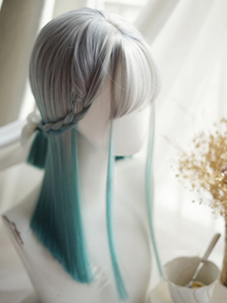 Grey-green Ombre Hair Color Above Bust Length Straight Wig With Full Bangs