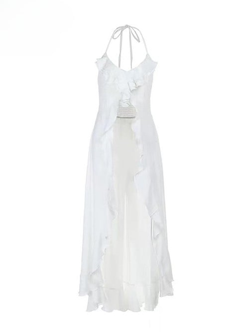 White Halter Design Neck Holiday High-low Top