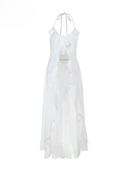 White Halter Design Neck Holiday High-low Top