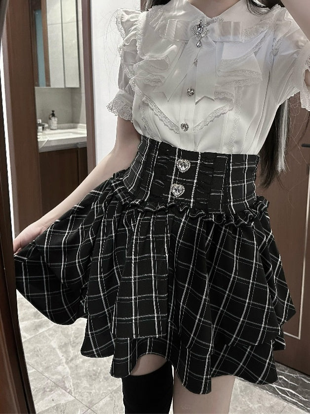 Stufenrock Strass Verziert Jirai Kei Schwarz/Weiß/SchwarzWeiß Herz