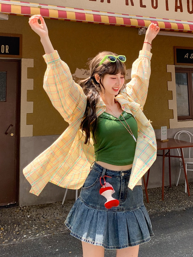 Plaid Shirt Set Green Faux Two-Pieces Cami Top with Yellow