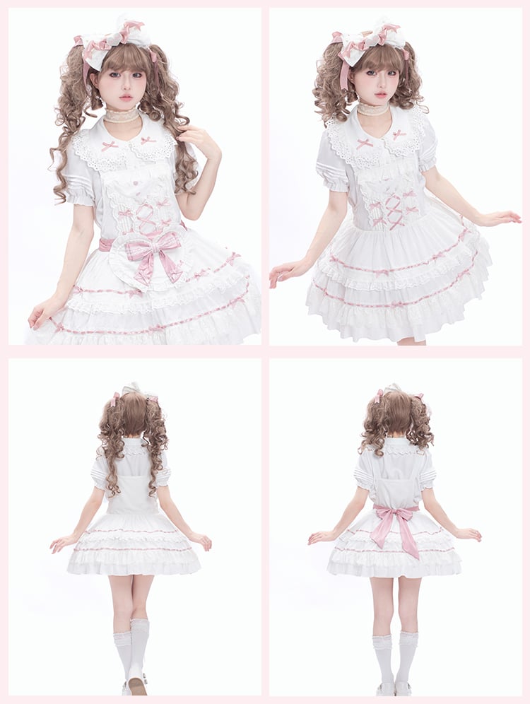 Decorated Self-tie Bow Sweet Lolita White Heart Apron and Pink