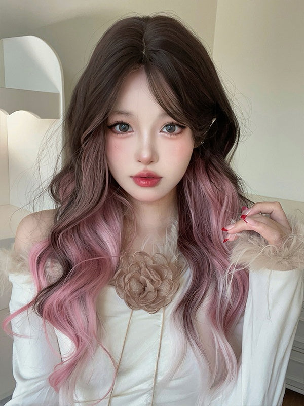 Pink-black Ombre Long Wavy Synthetic Wig With Curtain Bangs
