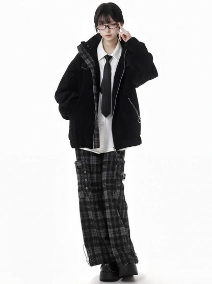 Black Cargo Pockets Plaid Pants