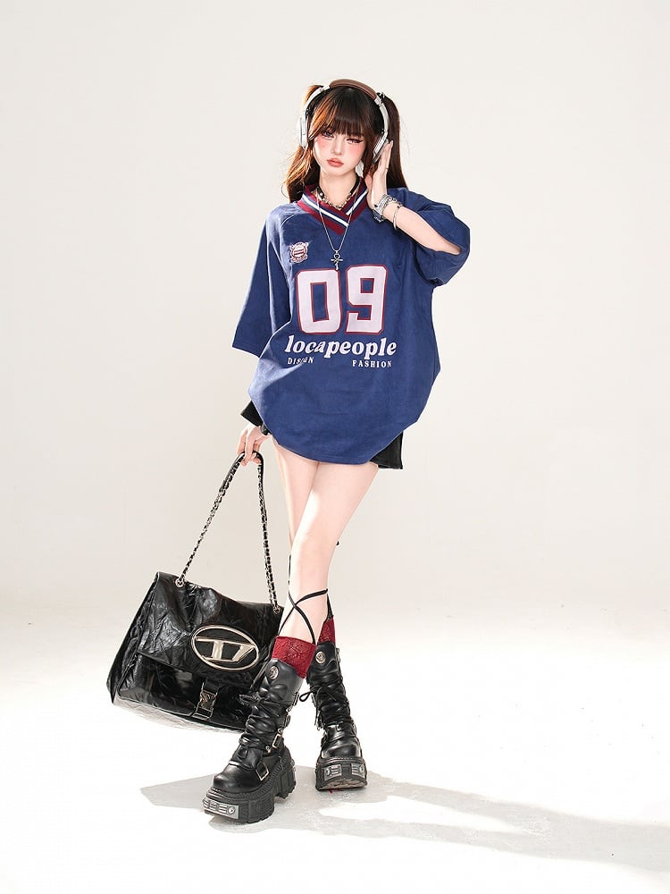 Loose T-Shirt Print Sports Khaki/Navy Blue Preppy Style V-Neck Number