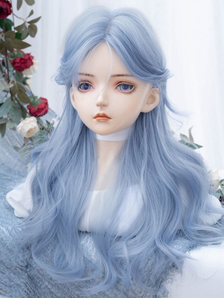 Blue Long Wavy Synthetic Wig With Curtain Bangs