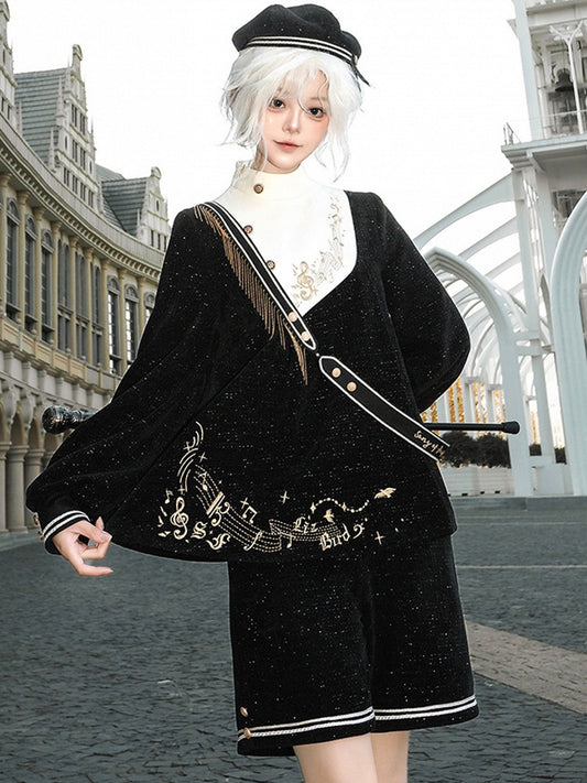 Black Ouji Glittering Waffle Top with Music Notes and Fringe Sash