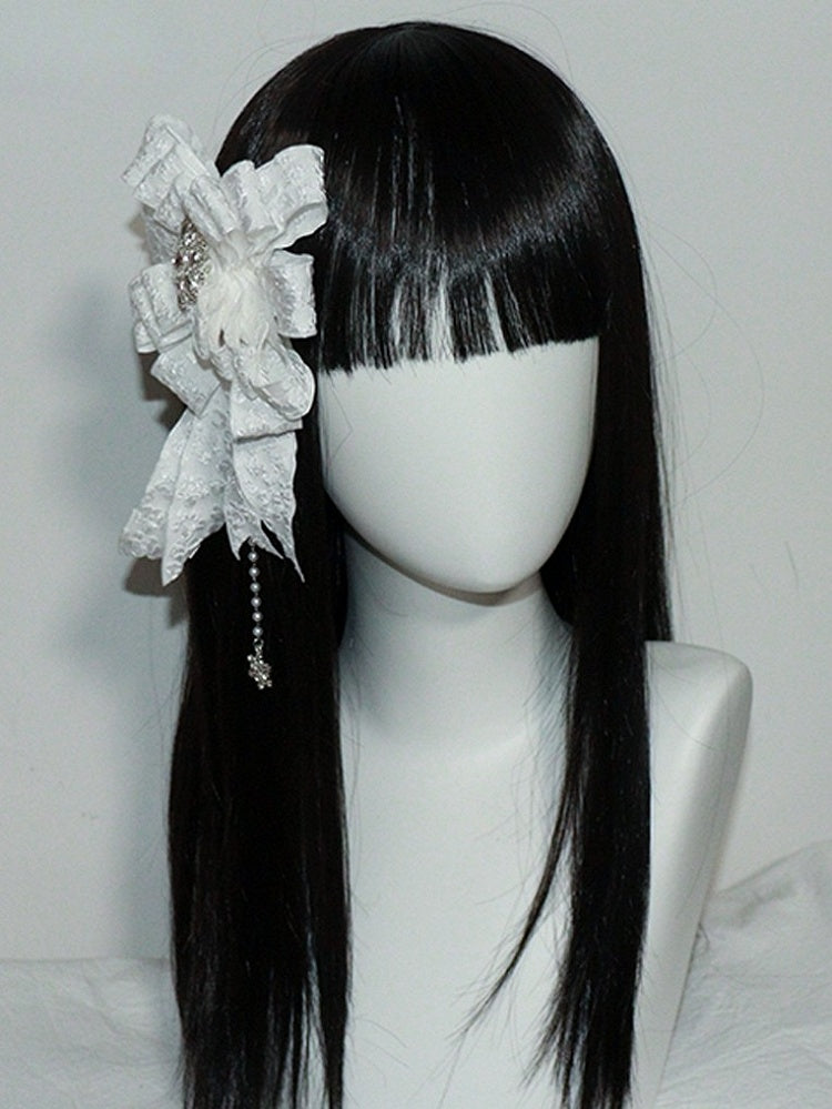 Snow Accents White Charm Hairclip/Brooch Beaded And Rhinestone with Bowknot Lolita Gothic