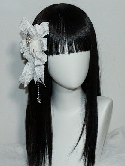 Snow Accents White Charm Hairclip/Brooch Beaded And Rhinestone with Bowknot Lolita Gothic