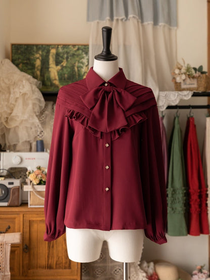 Red Long Sleeves Ruffle Trim Shirt with Bow Tie