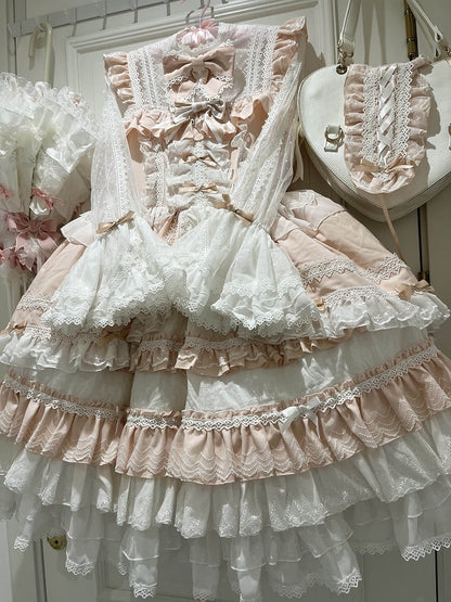 Piece Pink Bowknots Skirt Hime Lolita Dress Sweet Bell Sleeves Layered Bodice on One