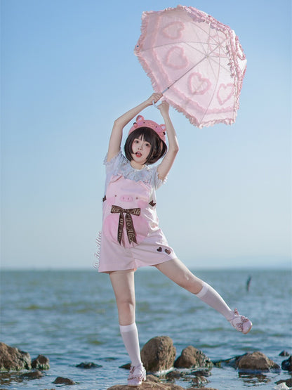 Adorable Piggy Pattern Bubble Shorts Overalls Pink