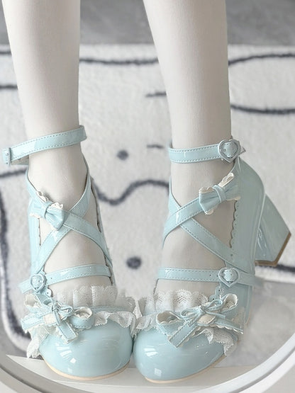 PU Mary Lace Heart Janes Mint Mid-heel Toe Round Buckles Cute Leather Trim Ruffled