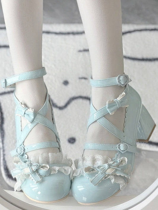 PU Mary Lace Heart Janes Mint Mid-heel Toe Round Buckles Cute Leather Trim Ruffled