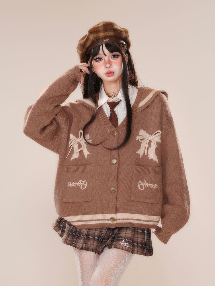 Brown Sailor Collar Bowknot Detail Cardigan