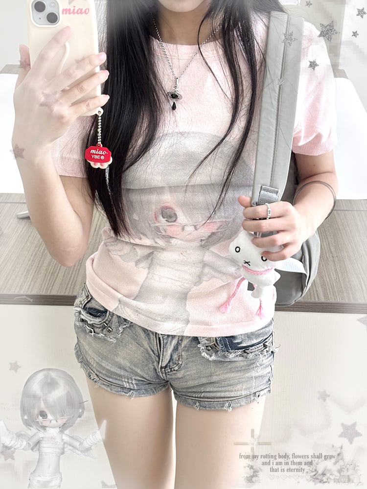 Neck BJD Doll Print Slim-fitting T-Shirt Pink Round