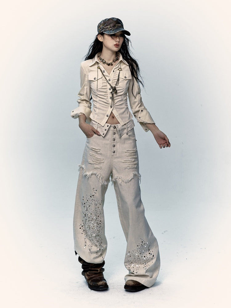Apricot Wide-Leg Distressed Jeans with Rhinestone