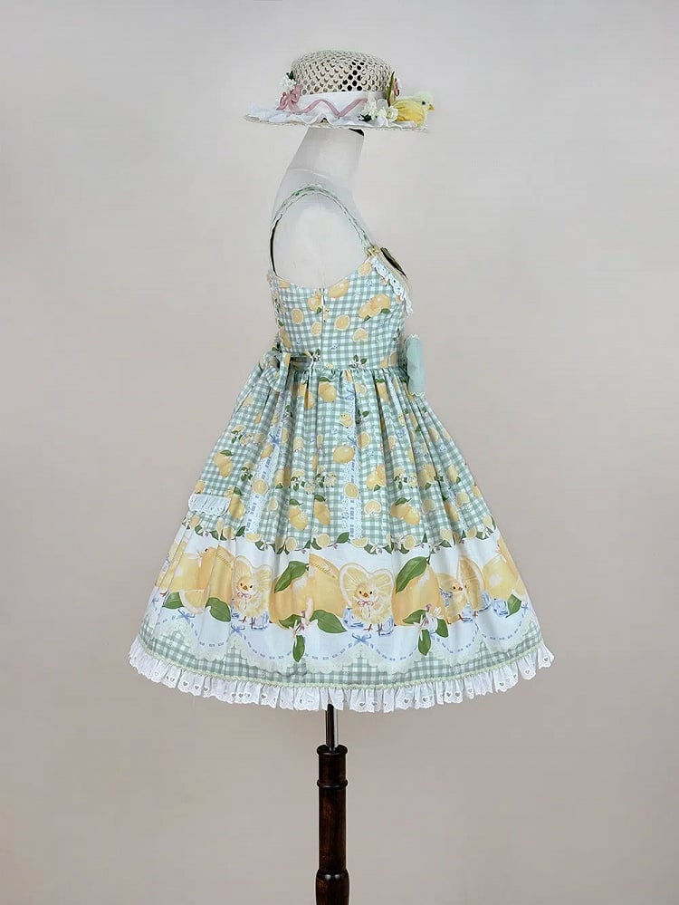 Chick Lolita Waist High Print Green Gingham and Lemon Dress Sweet