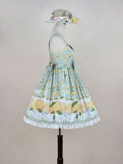 Chick Lolita Waist High Print Green Gingham and Lemon Dress Sweet