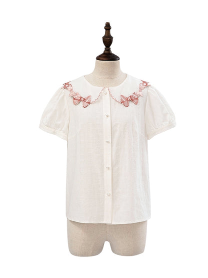 Pink Bowknot Trimmed Collar White Short Sleeves Blouse