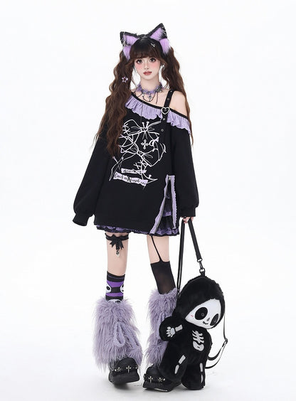 Black Asymmetrical Neckline Ruffled Purple Lace Trim Side Slit Sweatshirt
