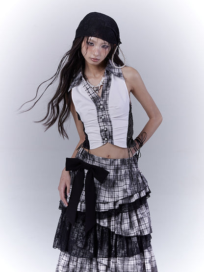 Shirt Black Plaid Collar Side 	Pattern Cropped Sleeveless Top with Lace-up Details