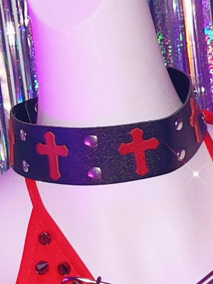 White/Red Cross Stud Detail Punk Choker