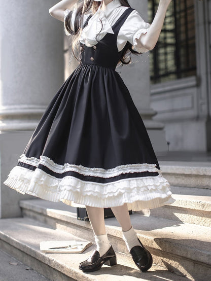 Preppy Style Black High Waist Overall Dress with Beige Lace Trim