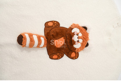 White Cute Red Panda Adorned Distress Trim Loose Sweater