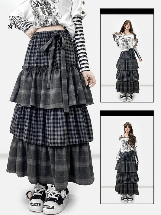 Self-tie Dark Strap Tiered Plaid Gray Pattern Skirt Bittersweet