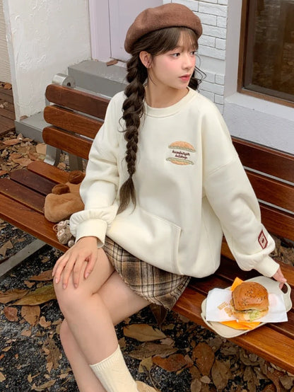 Cute Capybara Burger Applique Beige Thick Sweatshirt