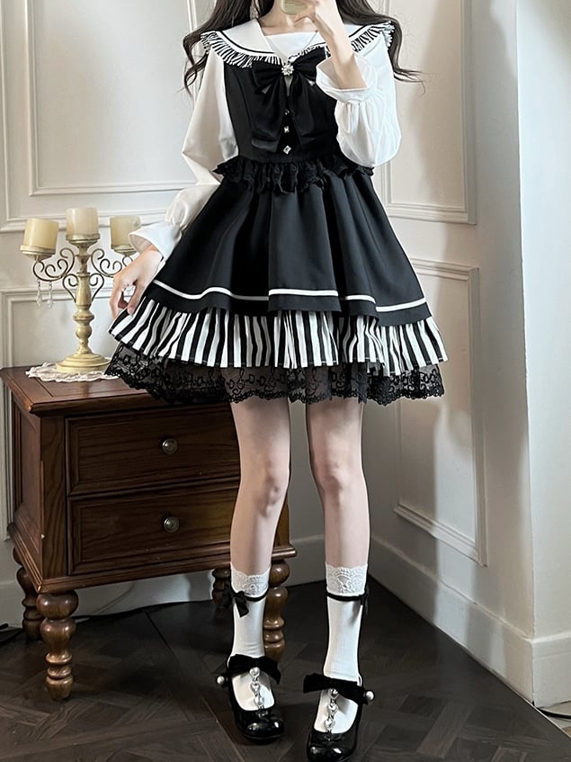 Black Jirai Kei Sailor Collor Blouse High Waist Lace Trim Overall Dress Set