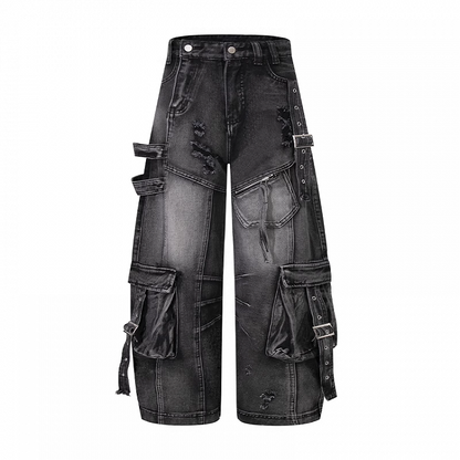 Jeans Rise Faded Wash Distressed Holes Wide-leg Cargo Black Low