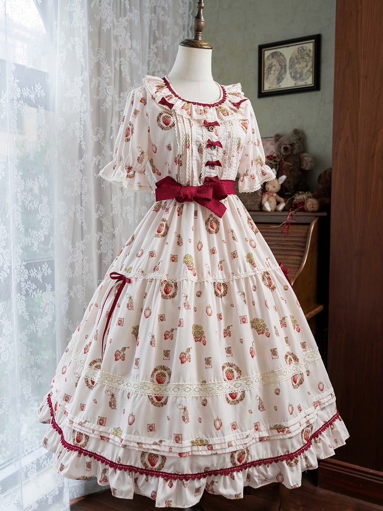 Strawberry Print Pink House Beige Short Sleeves Lolita Dress