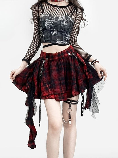Skirt Glamorous Y2K Pattern Ruffle Cascading BlackRed Trim Plaid