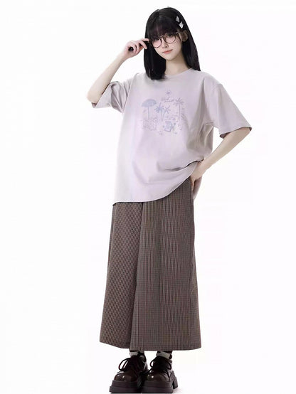 Loose Graffiti T-Shirt Puppy Round Neck Gray/Pink/Light Purple