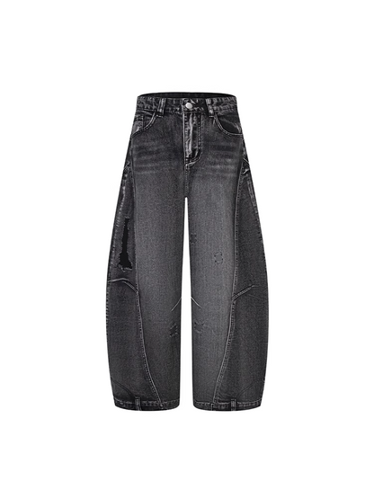 Vintage Waist Distressed Holes Black Low Wide-leg Jeans