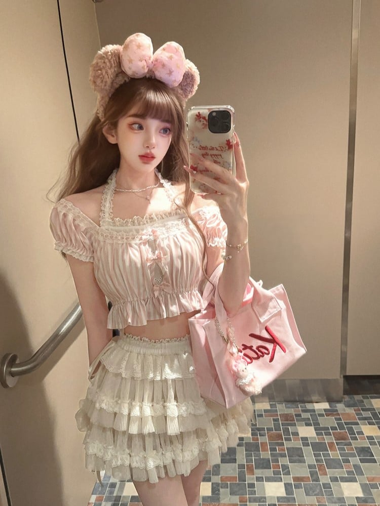 Pink Striped Puff Lace Bow Accents With Halter Top Sleeves Crop