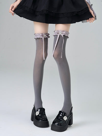 White Jirai Kei Heart-shaped Rhinestone Bowknot Ruffled Cuff Overknee Stockings