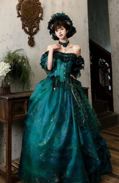Jupe asymétrique style Lolita fée de la forêt verte, peinture à l'huile, avec pince à cheveux florale