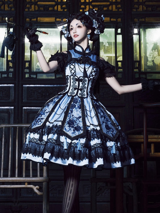 Robe Qipao élégante à col cheongsam bleu et noir + ceinture corset à baleines + ensemble Qi Lolita JSK superposé à pompons